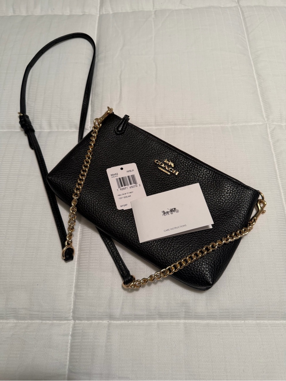 Coach Black Pebbled Leather Crossbody or 
Clutch with Gold Chain Strap NWT